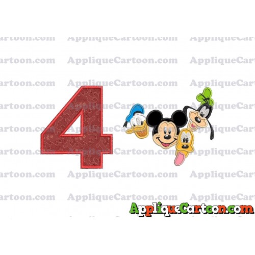 Mickey Mouse With Donald Duck and Goofy and Pluto Faces Applique Embroidery Design Birthday Number 4