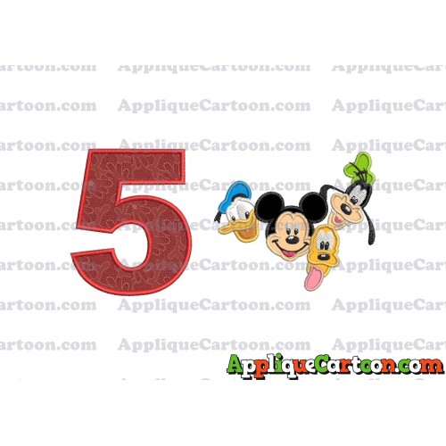 Mickey Mouse With Donald Duck and Goofy and Pluto Faces Applique Embroidery Design Birthday Number 5