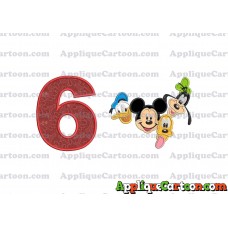 Mickey Mouse With Donald Duck and Goofy and Pluto Faces Applique Embroidery Design Birthday Number 6