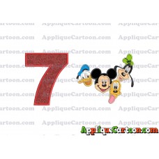 Mickey Mouse With Donald Duck and Goofy and Pluto Faces Applique Embroidery Design Birthday Number 7