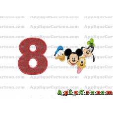 Mickey Mouse With Donald Duck and Goofy and Pluto Faces Applique Embroidery Design Birthday Number 8