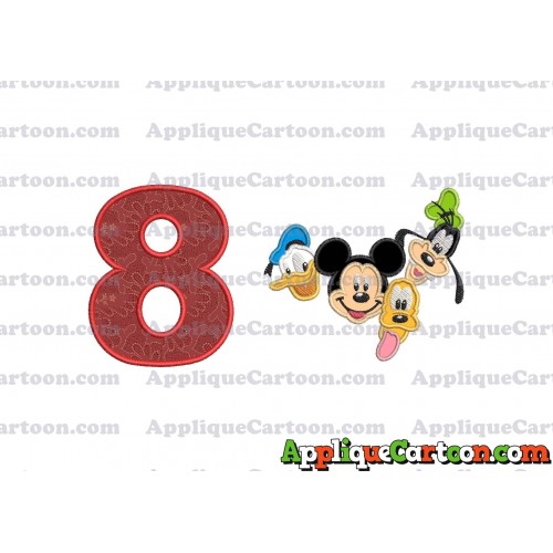 Mickey Mouse With Donald Duck and Goofy and Pluto Faces Applique Embroidery Design Birthday Number 8