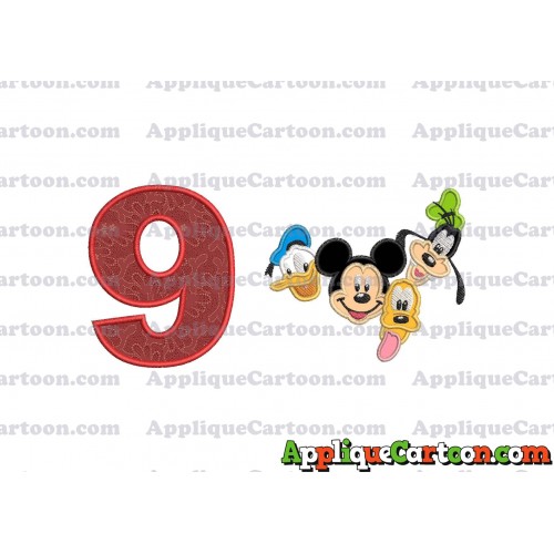 Mickey Mouse With Donald Duck and Goofy and Pluto Faces Applique Embroidery Design Birthday Number 9