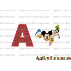 Mickey Mouse With Donald Duck and Goofy and Pluto Faces Applique Embroidery Design With Alphabet A