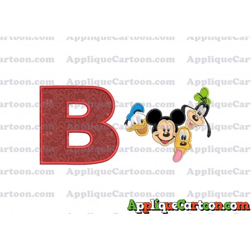 Mickey Mouse With Donald Duck and Goofy and Pluto Faces Applique Embroidery Design With Alphabet B