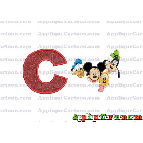 Mickey Mouse With Donald Duck and Goofy and Pluto Faces Applique Embroidery Design With Alphabet C