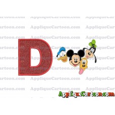 Mickey Mouse With Donald Duck and Goofy and Pluto Faces Applique Embroidery Design With Alphabet D