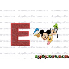 Mickey Mouse With Donald Duck and Goofy and Pluto Faces Applique Embroidery Design With Alphabet E