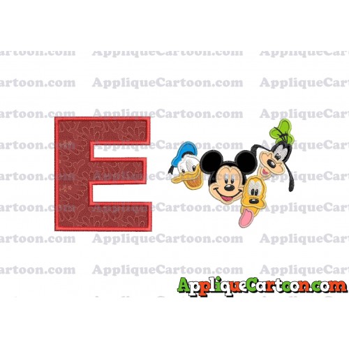 Mickey Mouse With Donald Duck and Goofy and Pluto Faces Applique Embroidery Design With Alphabet E