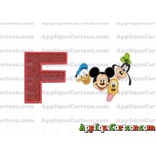 Mickey Mouse With Donald Duck and Goofy and Pluto Faces Applique Embroidery Design With Alphabet F