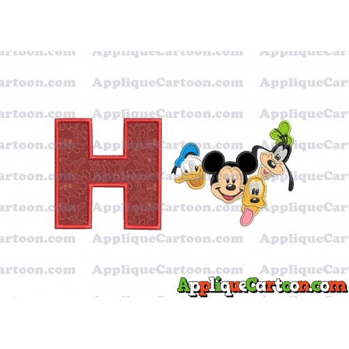 Mickey Mouse With Donald Duck and Goofy and Pluto Faces Applique Embroidery Design With Alphabet H