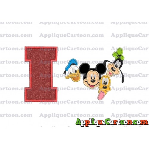 Mickey Mouse With Donald Duck and Goofy and Pluto Faces Applique Embroidery Design With Alphabet I