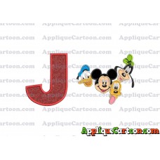 Mickey Mouse With Donald Duck and Goofy and Pluto Faces Applique Embroidery Design With Alphabet J