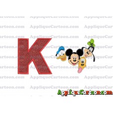 Mickey Mouse With Donald Duck and Goofy and Pluto Faces Applique Embroidery Design With Alphabet K