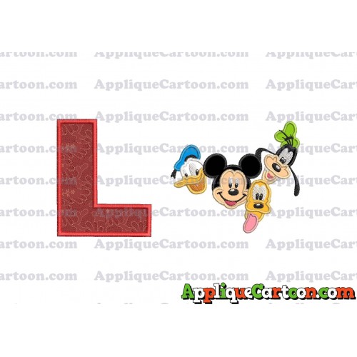 Mickey Mouse With Donald Duck and Goofy and Pluto Faces Applique Embroidery Design With Alphabet L