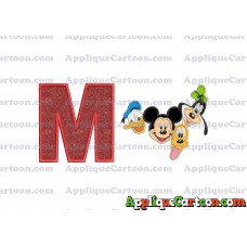 Mickey Mouse With Donald Duck and Goofy and Pluto Faces Applique Embroidery Design With Alphabet M