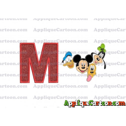 Mickey Mouse With Donald Duck and Goofy and Pluto Faces Applique Embroidery Design With Alphabet M