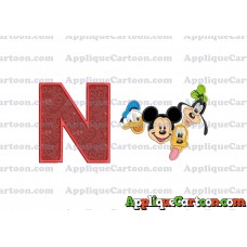 Mickey Mouse With Donald Duck and Goofy and Pluto Faces Applique Embroidery Design With Alphabet N