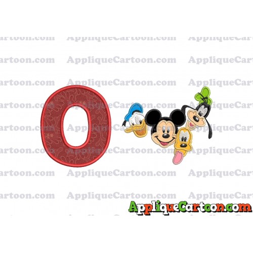 Mickey Mouse With Donald Duck and Goofy and Pluto Faces Applique Embroidery Design With Alphabet O