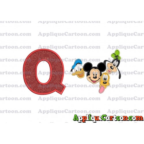 Mickey Mouse With Donald Duck and Goofy and Pluto Faces Applique Embroidery Design With Alphabet Q