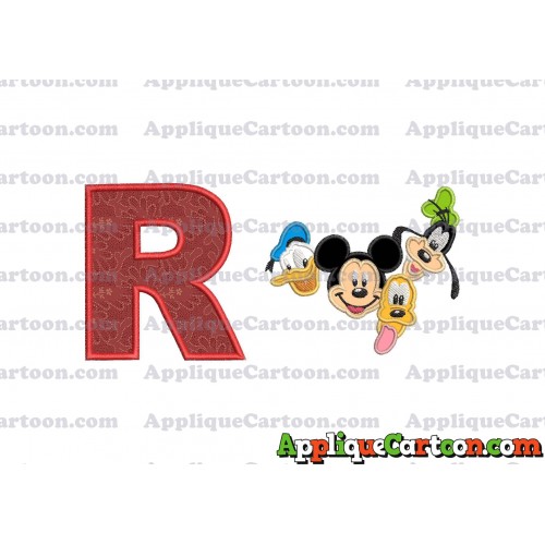 Mickey Mouse With Donald Duck and Goofy and Pluto Faces Applique Embroidery Design With Alphabet R