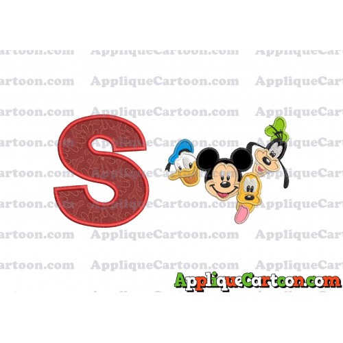 Mickey Mouse With Donald Duck and Goofy and Pluto Faces Applique Embroidery Design With Alphabet S