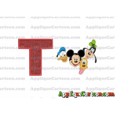 Mickey Mouse With Donald Duck and Goofy and Pluto Faces Applique Embroidery Design With Alphabet T
