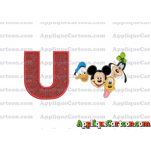 Mickey Mouse With Donald Duck and Goofy and Pluto Faces Applique Embroidery Design With Alphabet U