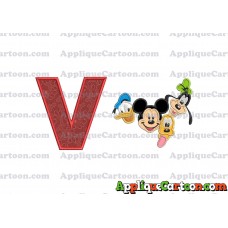 Mickey Mouse With Donald Duck and Goofy and Pluto Faces Applique Embroidery Design With Alphabet V