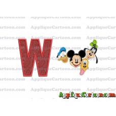Mickey Mouse With Donald Duck and Goofy and Pluto Faces Applique Embroidery Design With Alphabet W