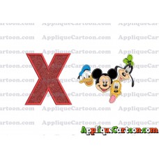 Mickey Mouse With Donald Duck and Goofy and Pluto Faces Applique Embroidery Design With Alphabet X