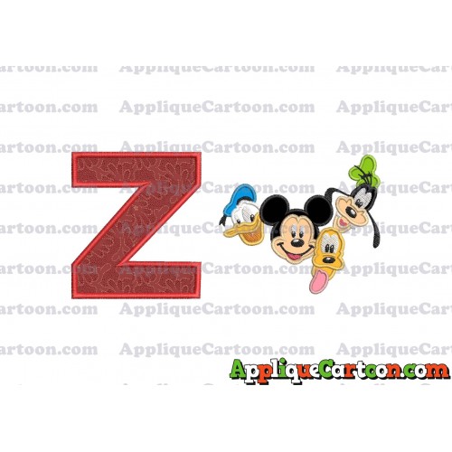Mickey Mouse With Donald Duck and Goofy and Pluto Faces Applique Embroidery Design With Alphabet Z