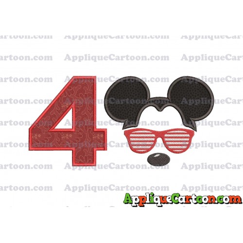 Mickey Mouse With Glasses Applique Design Birthday Number 4