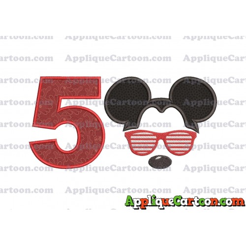 Mickey Mouse With Glasses Applique Design Birthday Number 5
