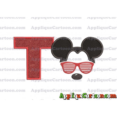 Mickey Mouse With Glasses Applique Design With Alphabet T