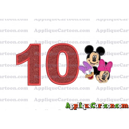 Mickey Mouse and Minnie Mouse With Daisy Duck Faces Applique Embroidery Design Birthday Number 10