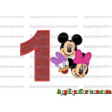 Mickey Mouse and Minnie Mouse With Daisy Duck Faces Applique Embroidery Design Birthday Number 1