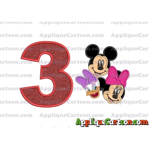 Mickey Mouse and Minnie Mouse With Daisy Duck Faces Applique Embroidery Design Birthday Number 3