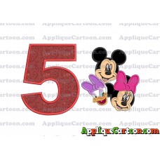 Mickey Mouse and Minnie Mouse With Daisy Duck Faces Applique Embroidery Design Birthday Number 5