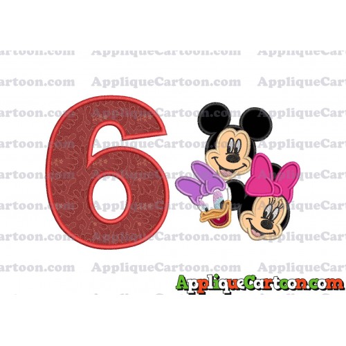 Mickey Mouse and Minnie Mouse With Daisy Duck Faces Applique Embroidery Design Birthday Number 6