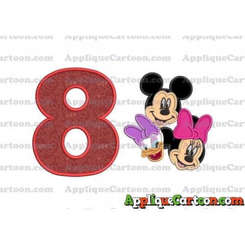 Mickey Mouse and Minnie Mouse With Daisy Duck Faces Applique Embroidery Design Birthday Number 8