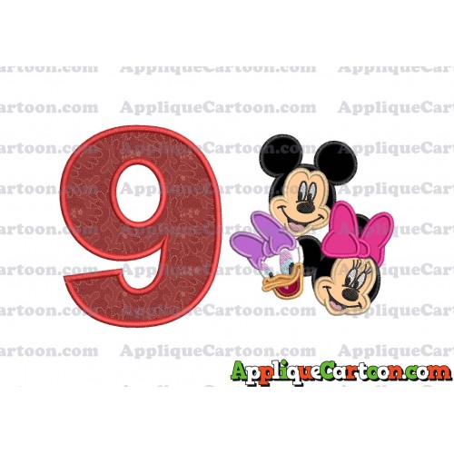 Mickey Mouse and Minnie Mouse With Daisy Duck Faces Applique Embroidery Design Birthday Number 9
