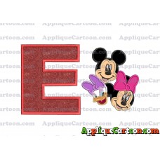 Mickey Mouse and Minnie Mouse With Daisy Duck Faces Applique Embroidery Design With Alphabet E