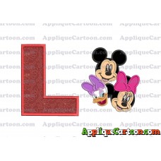 Mickey Mouse and Minnie Mouse With Daisy Duck Faces Applique Embroidery Design With Alphabet L