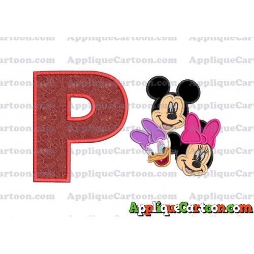 Mickey Mouse and Minnie Mouse With Daisy Duck Faces Applique Embroidery Design With Alphabet P