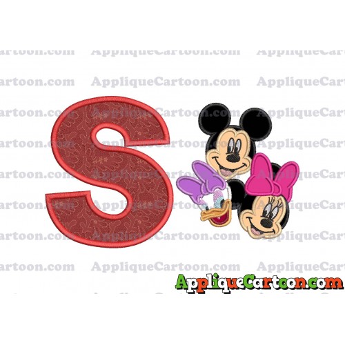 Mickey Mouse and Minnie Mouse With Daisy Duck Faces Applique Embroidery Design With Alphabet S