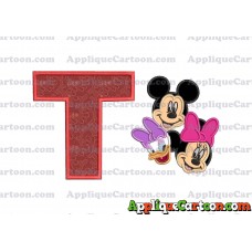 Mickey Mouse and Minnie Mouse With Daisy Duck Faces Applique Embroidery Design With Alphabet T