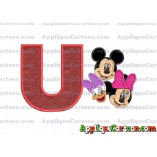 Mickey Mouse and Minnie Mouse With Daisy Duck Faces Applique Embroidery Design With Alphabet U
