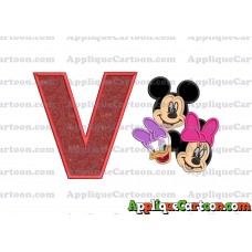Mickey Mouse and Minnie Mouse With Daisy Duck Faces Applique Embroidery Design With Alphabet V