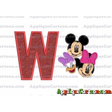 Mickey Mouse and Minnie Mouse With Daisy Duck Faces Applique Embroidery Design With Alphabet W